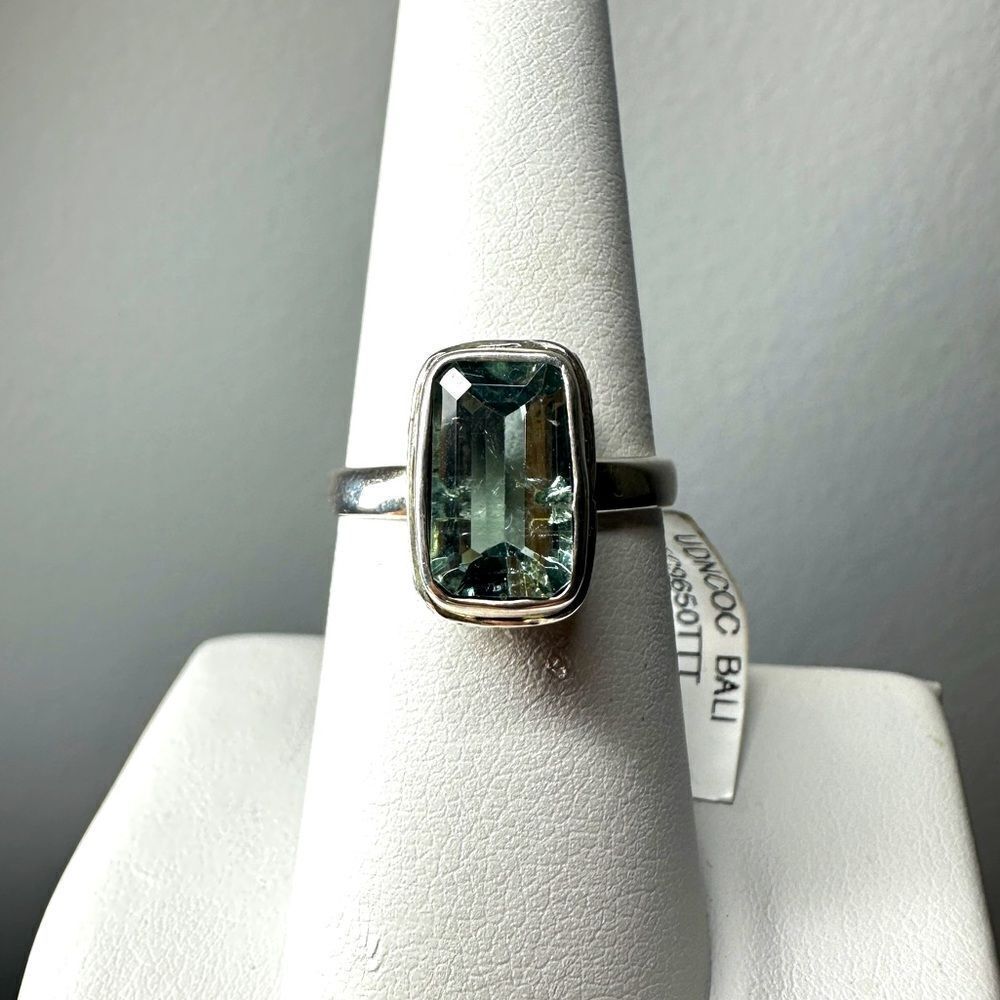 NWT 1.9ct teal Emerald Cut Aquamarine in Bali Sterling Silver Ring!